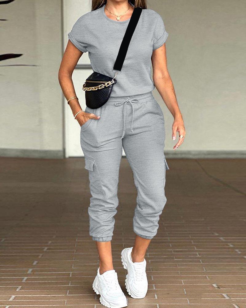 

Round Neck Top & Drawstring Cuffed Pants Set, Gray