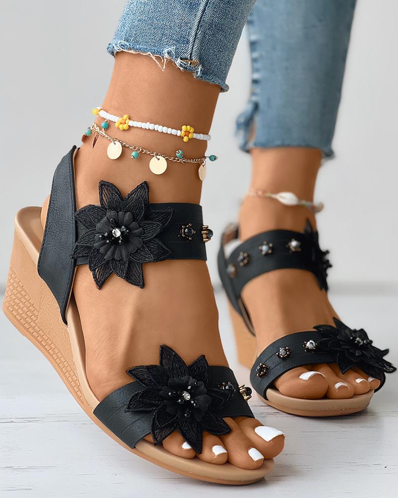 

Floral Pattern Slingback Wedge Sandals, Black