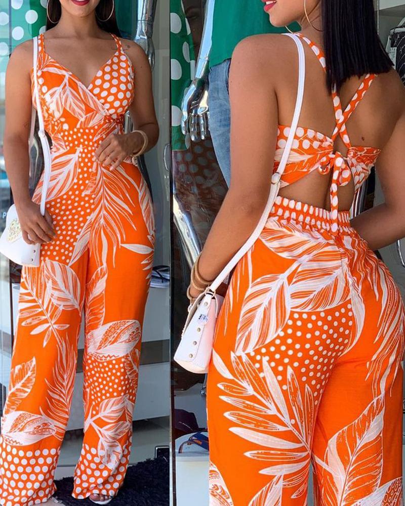 

Tropical Print Spaghetti Strap Jumpsuit, Orange