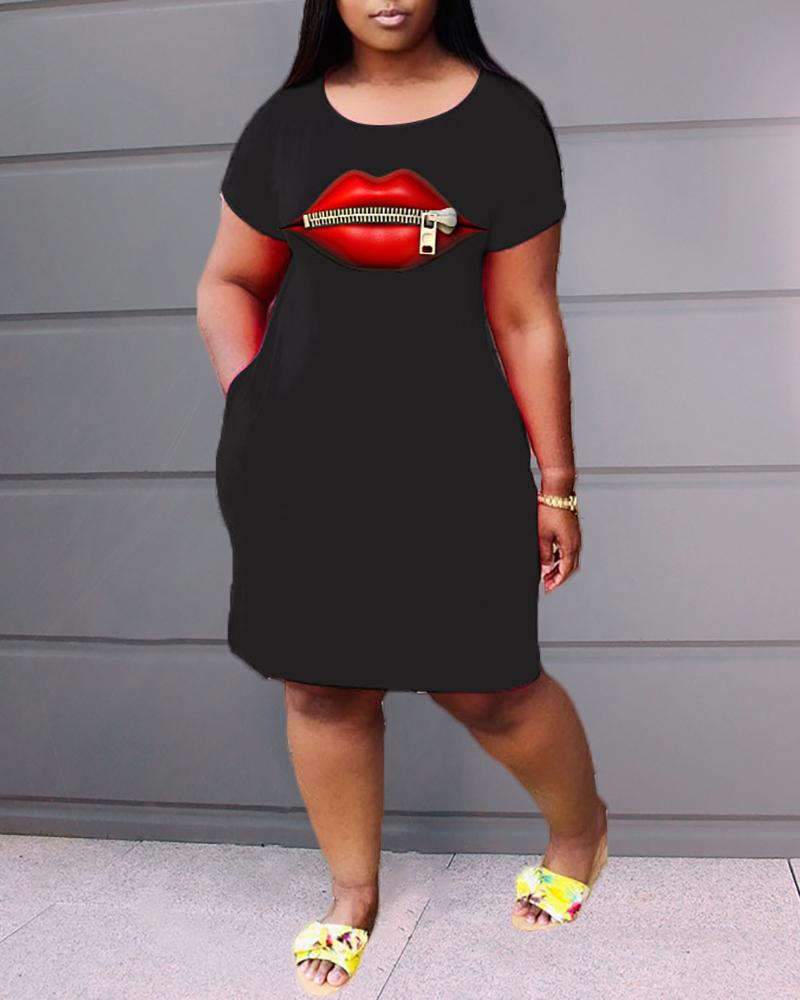 

Lip Zipper Print Short Sleeve Casual Dress, Black