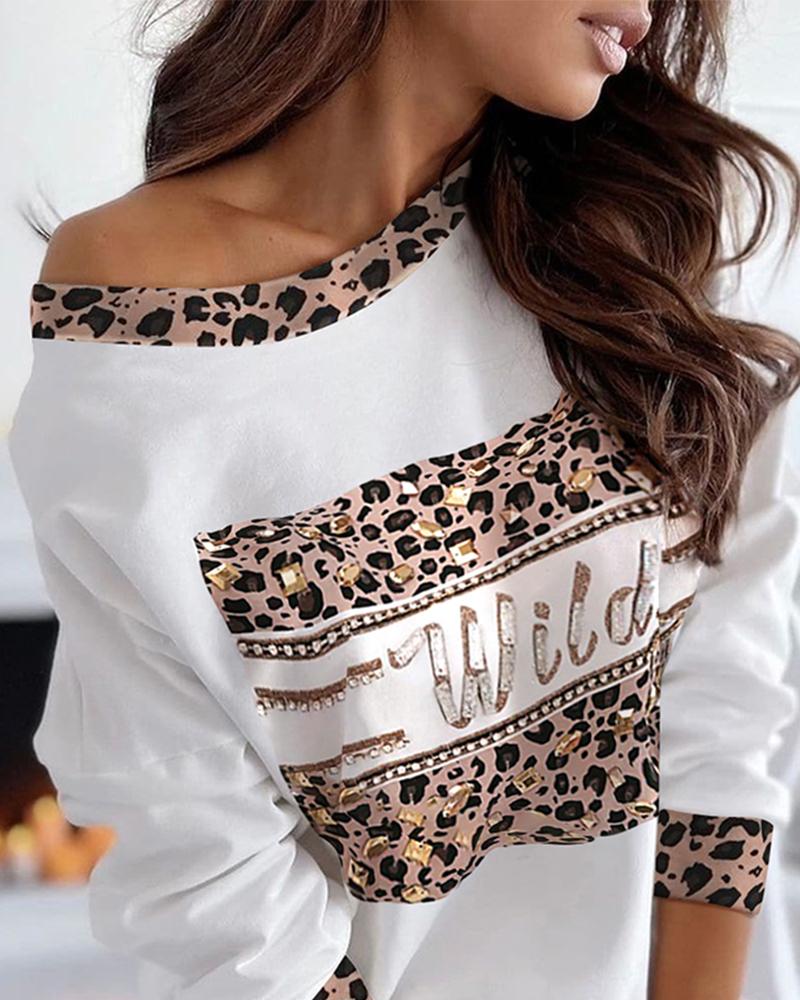 

Leopard Letter Print Colorblock Long Sleeve Tee Casual Boat Neck Shirt, White