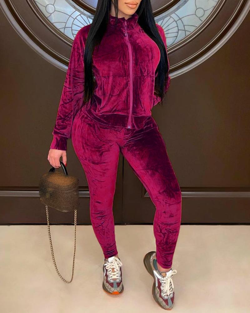

Velvet Zipper Pocket Design Top & High Waist Pants Set, Wine red