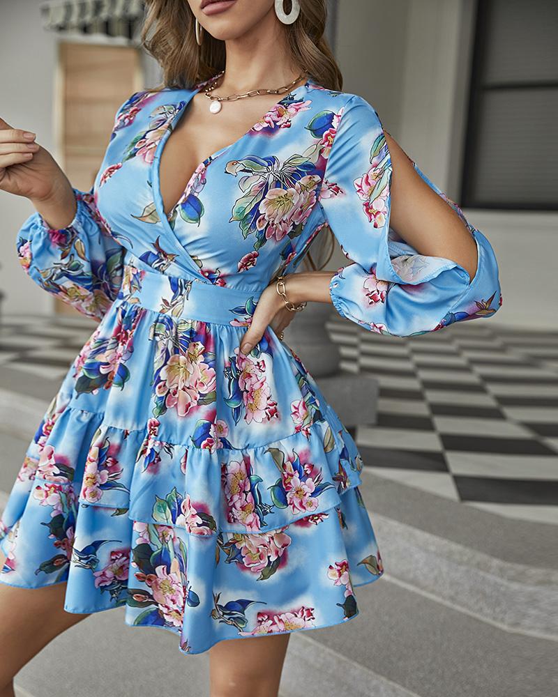 

Split Lantern Sleeve Floral Print Dress, Blue