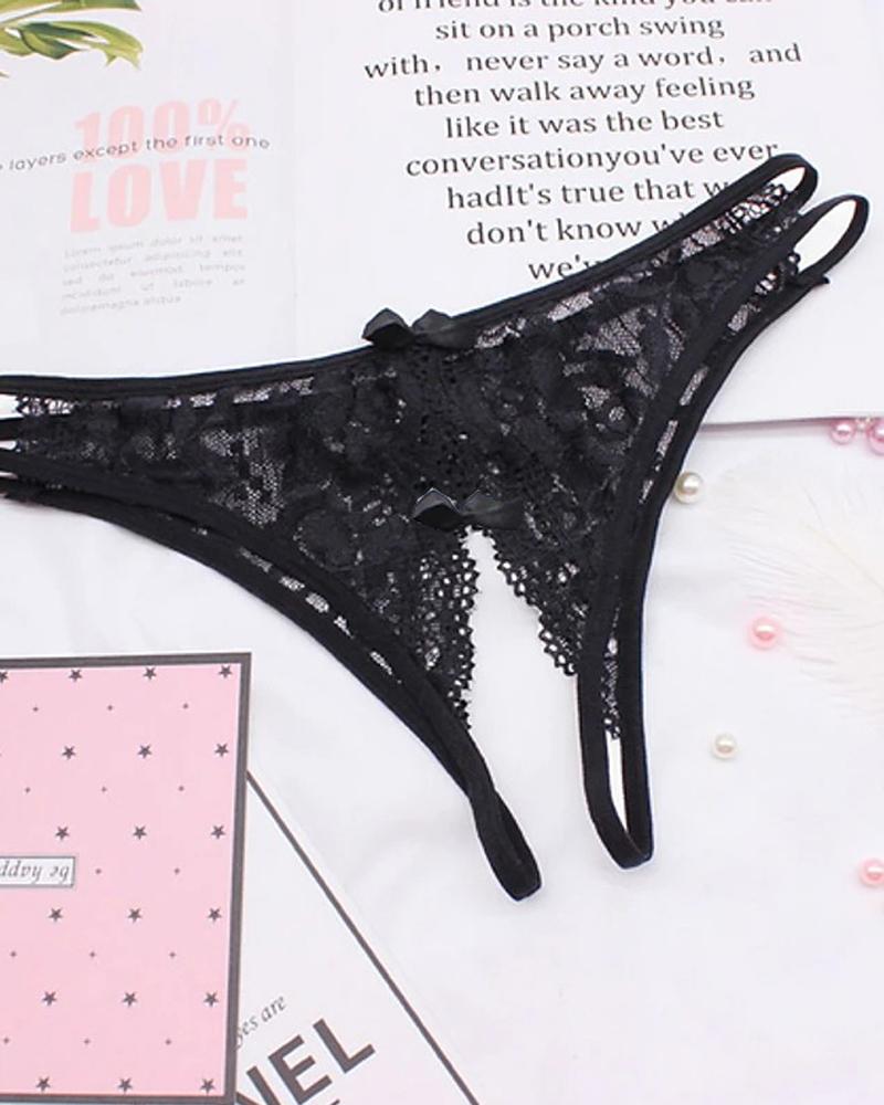 

Plain Cutout Lace Trim Bowknot Design Thong, Black