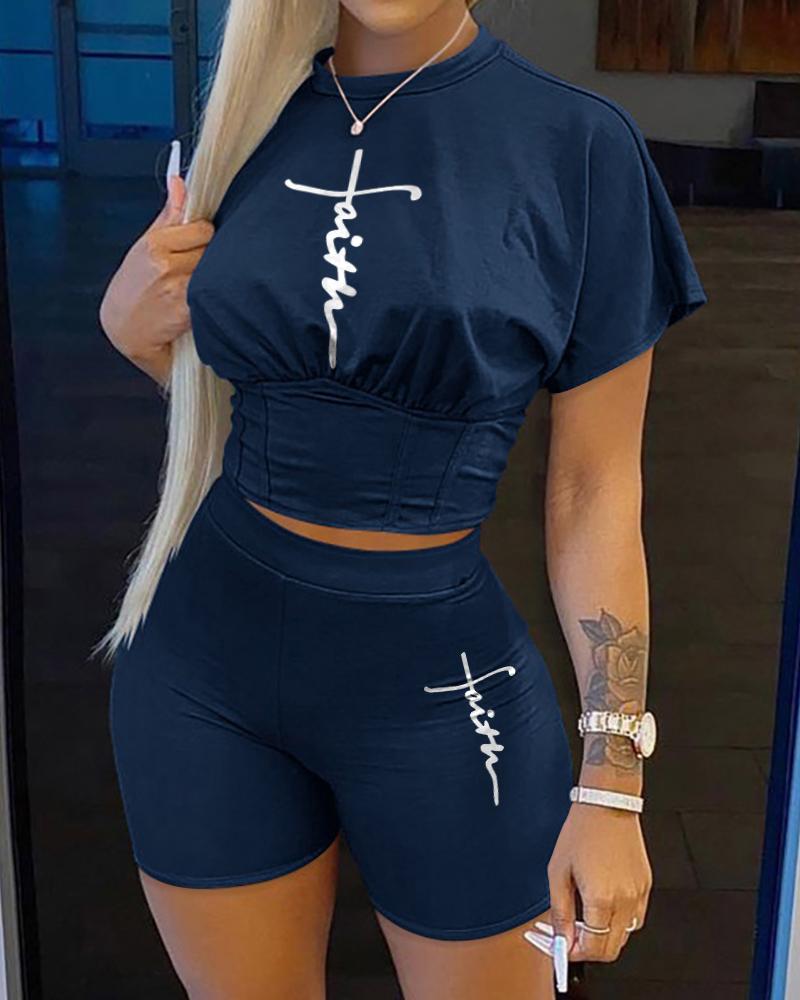 

Faith Print Corset Design Crop Top & Shorts Set, Purplish blue
