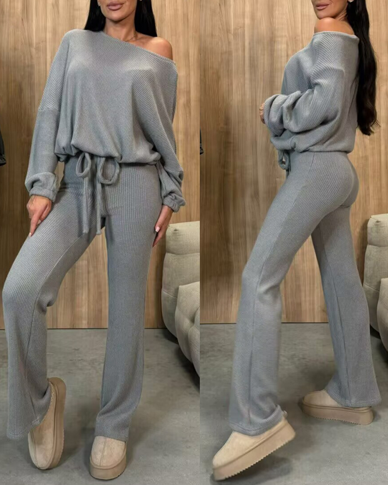 

2 Piece Outfits Skew Neck Long Sleeve Pullovers Top Stretchy Waist Flared Pants Set Tracksuit, Gray