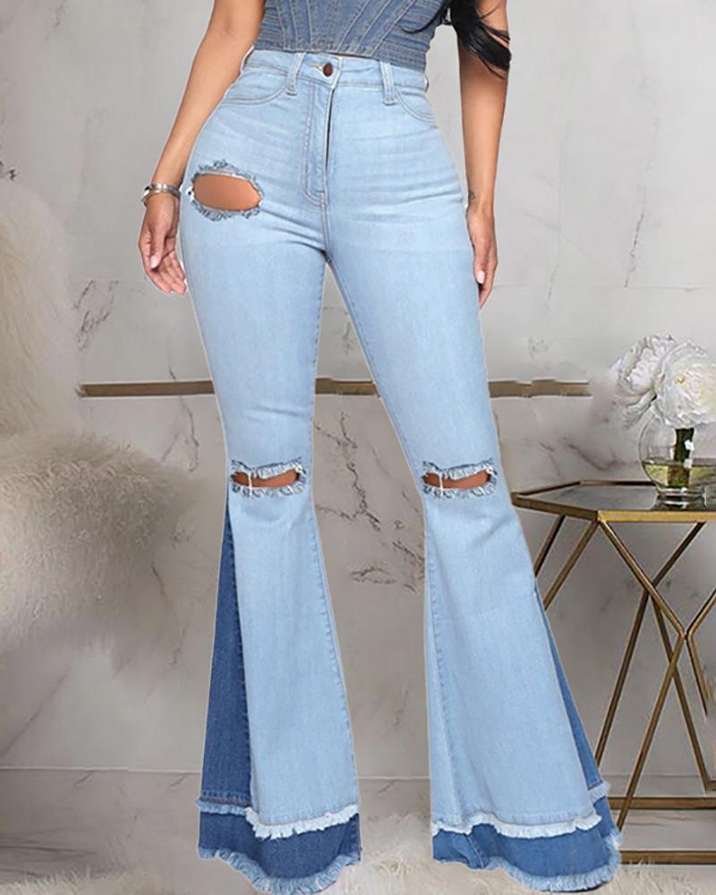 

Fringe Hem Ripped Cutout Colorblock Bootcut Jeans, Blue