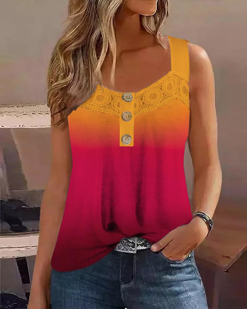 

Ombre Buttoned Lace Patch Tank Top, Multicolor