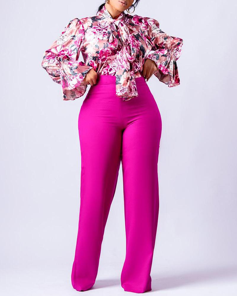 

Floral Print Lantern Sleeve Shirt & Wide Leg Pants Set, Pink