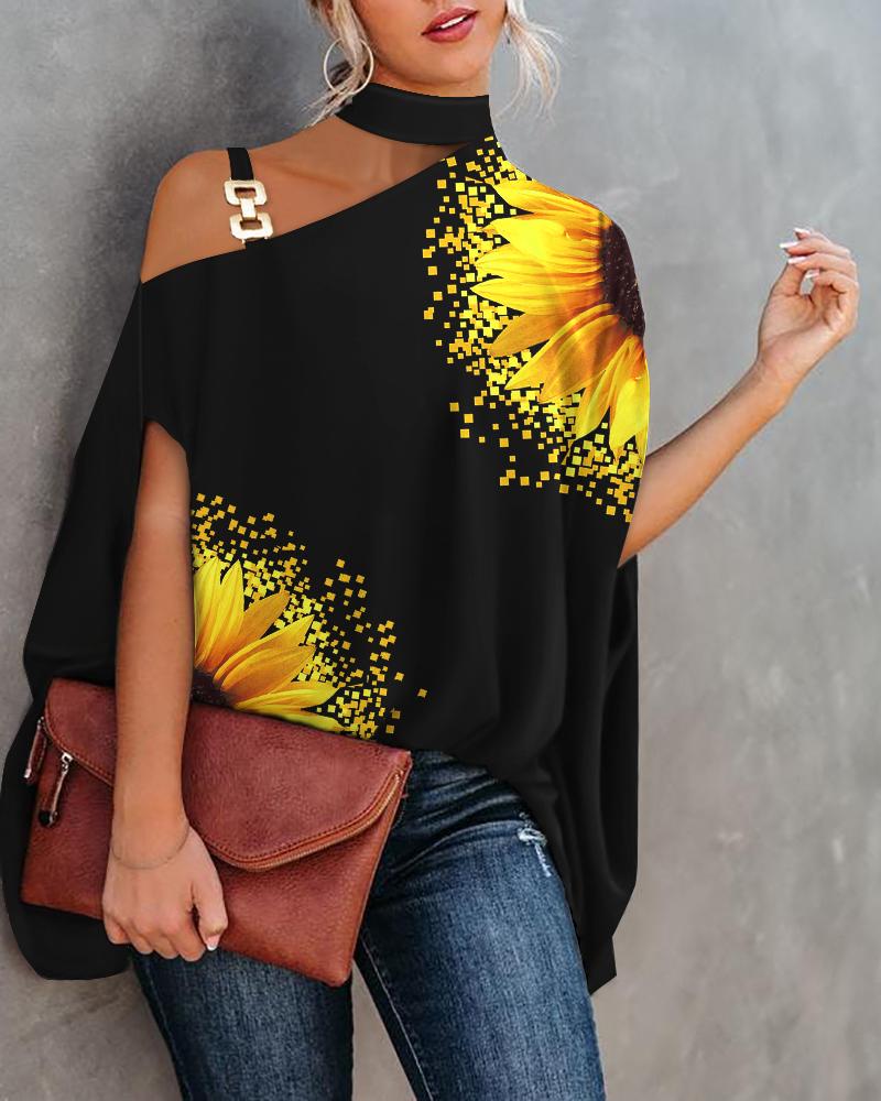 

Sunflower Print Chain Strap Cold Shoulder Top, Black