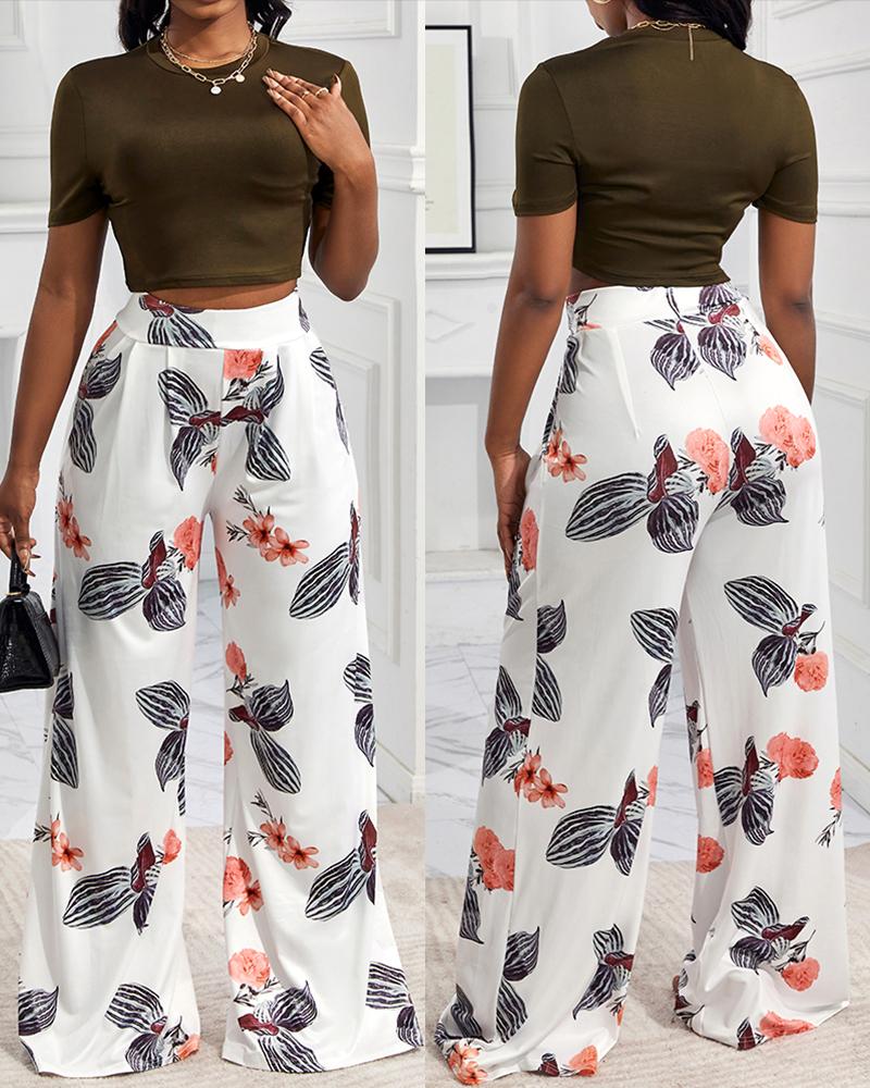 

O-neck Crop Top & Floral Print Wide Leg Pants Set, Army green