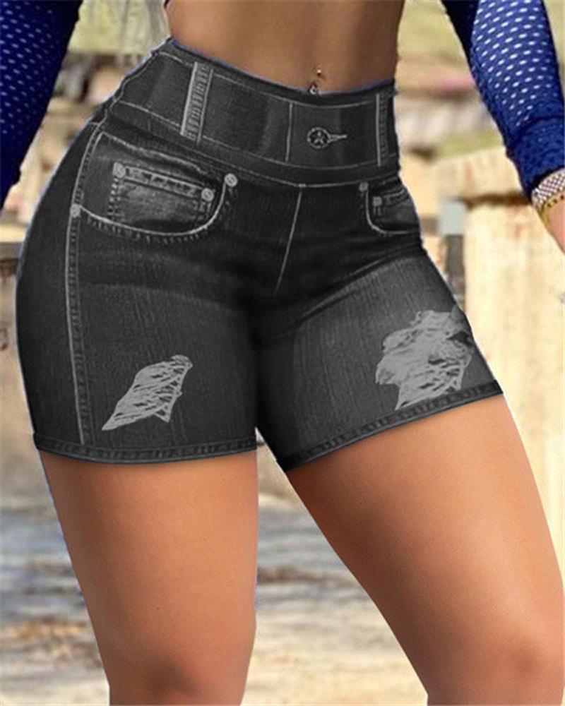 

Denim Look Print High Waist Butt Lifting Active Shorts, Black