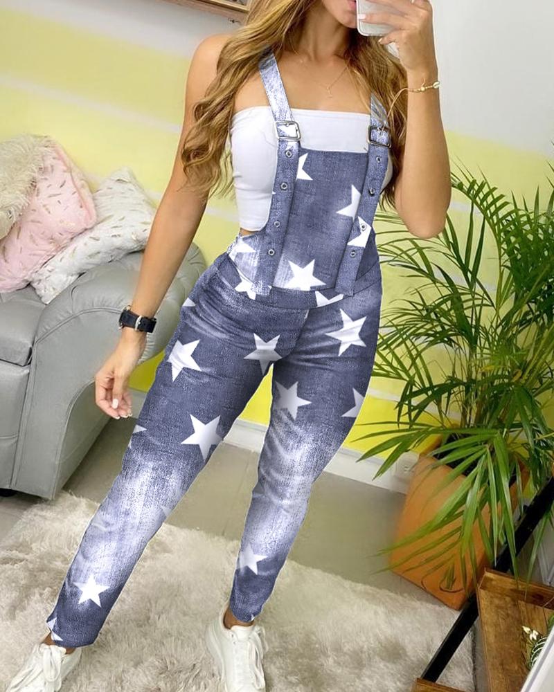 

Denim Star Print Suspender Jumpsuit, Blue