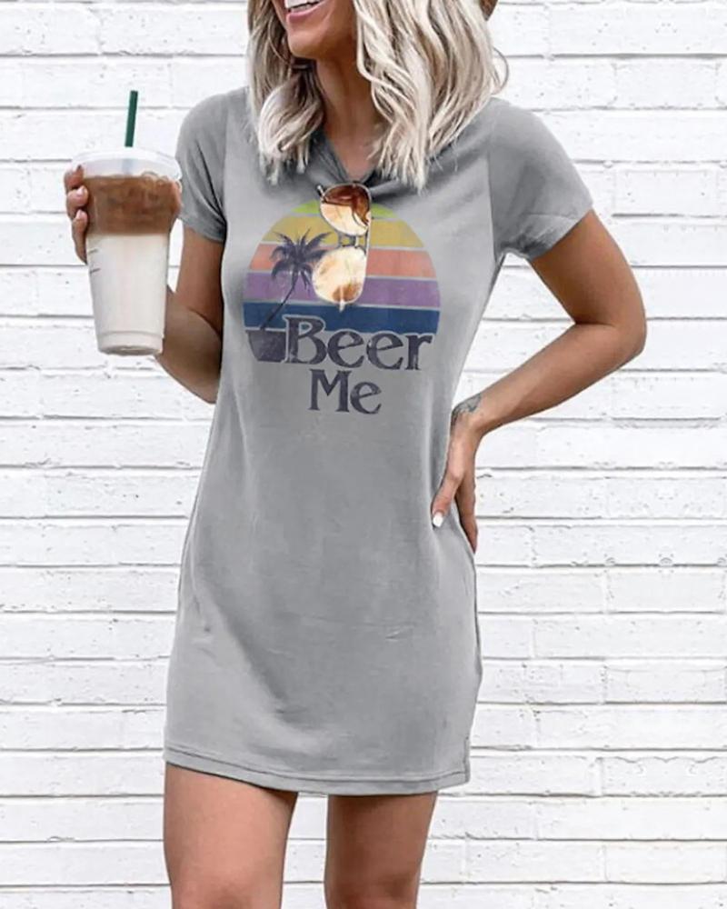 

Letter Grapic Print O Neck T-shirt Dress, Light gray