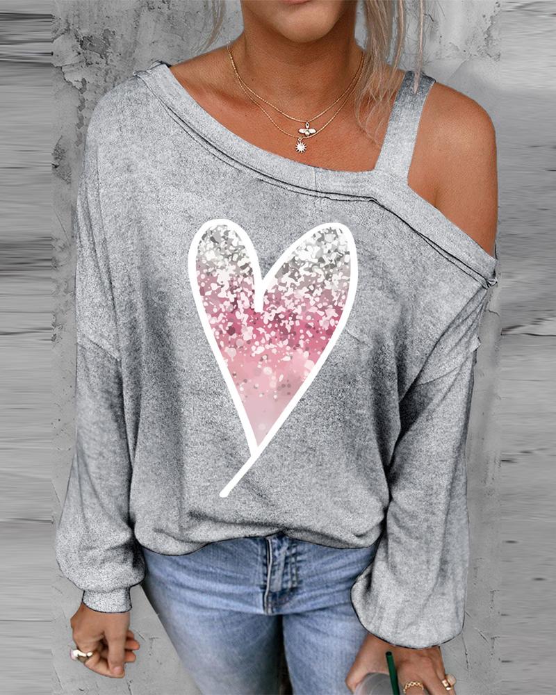 

Heart Print Cold Shoulder Top, Gray