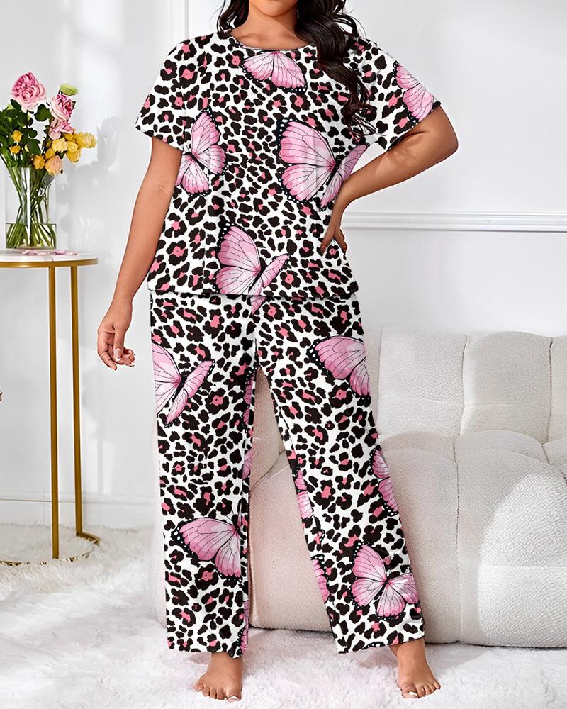 

Plus Size Butterfly Leopard Print High Waist Pajamas Set, Multicolor