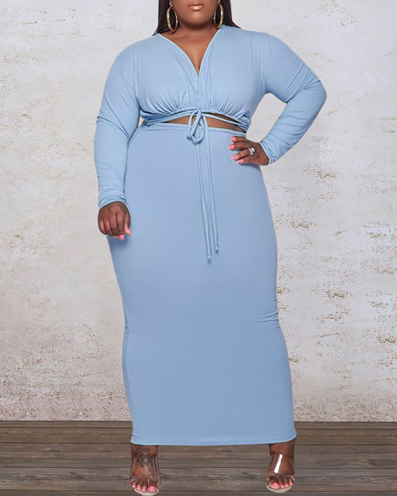 

Plus Size Long Sleeve Drawstring Ruched Top & Skirt Sets, Blue