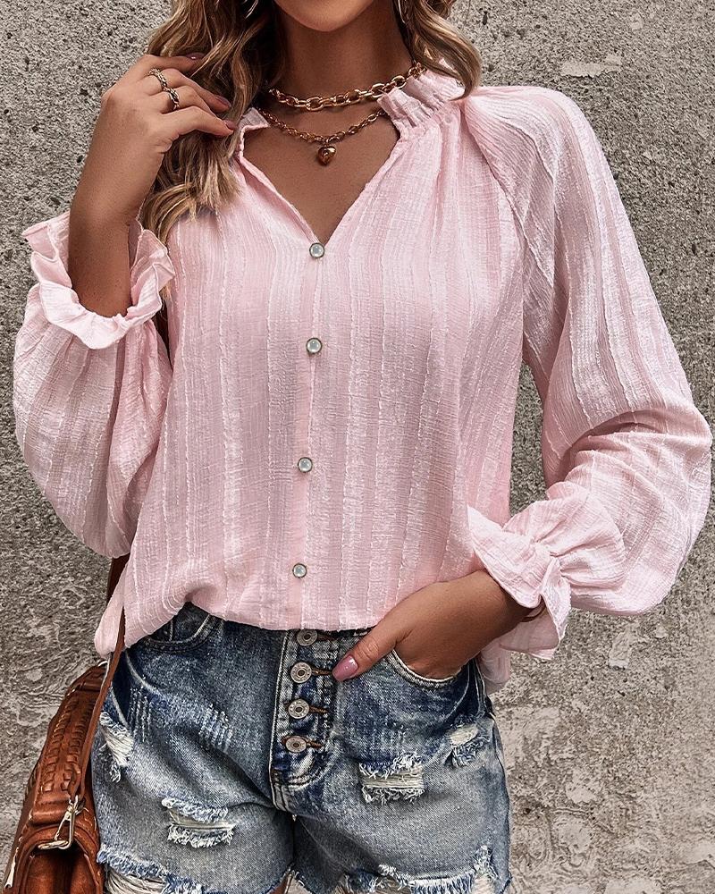

Frill Hem Lantern Sleeve Buttoned Top, Pink