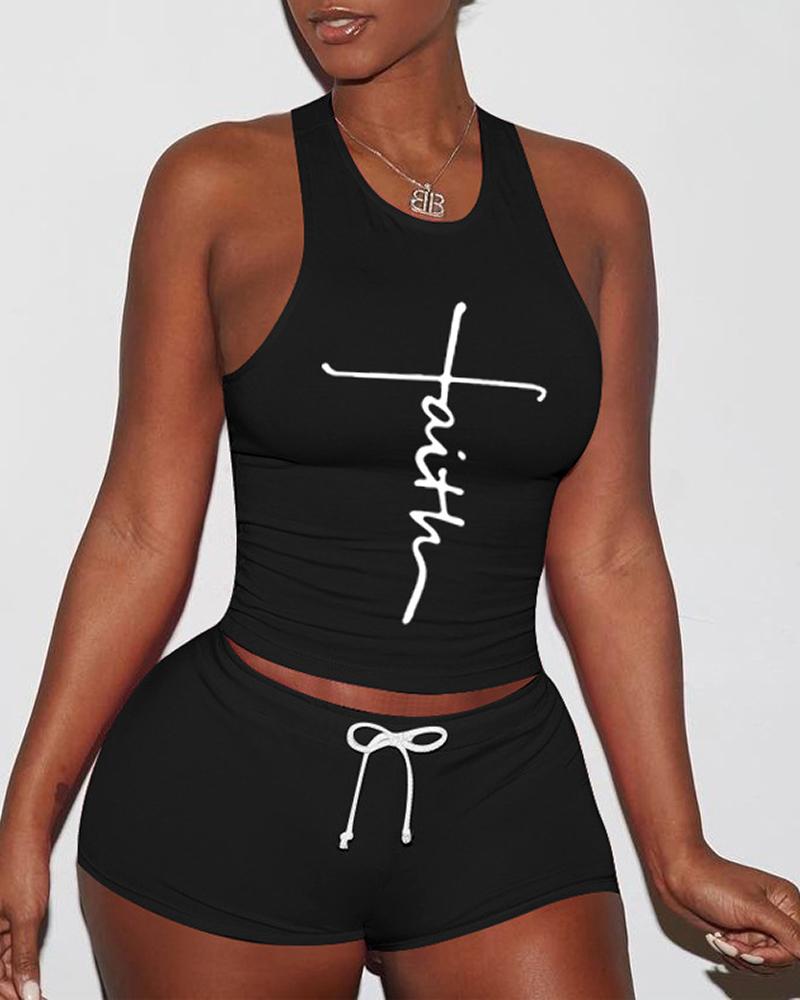 

Letter Print Tank Top & Drawstring Shorts Set, Black