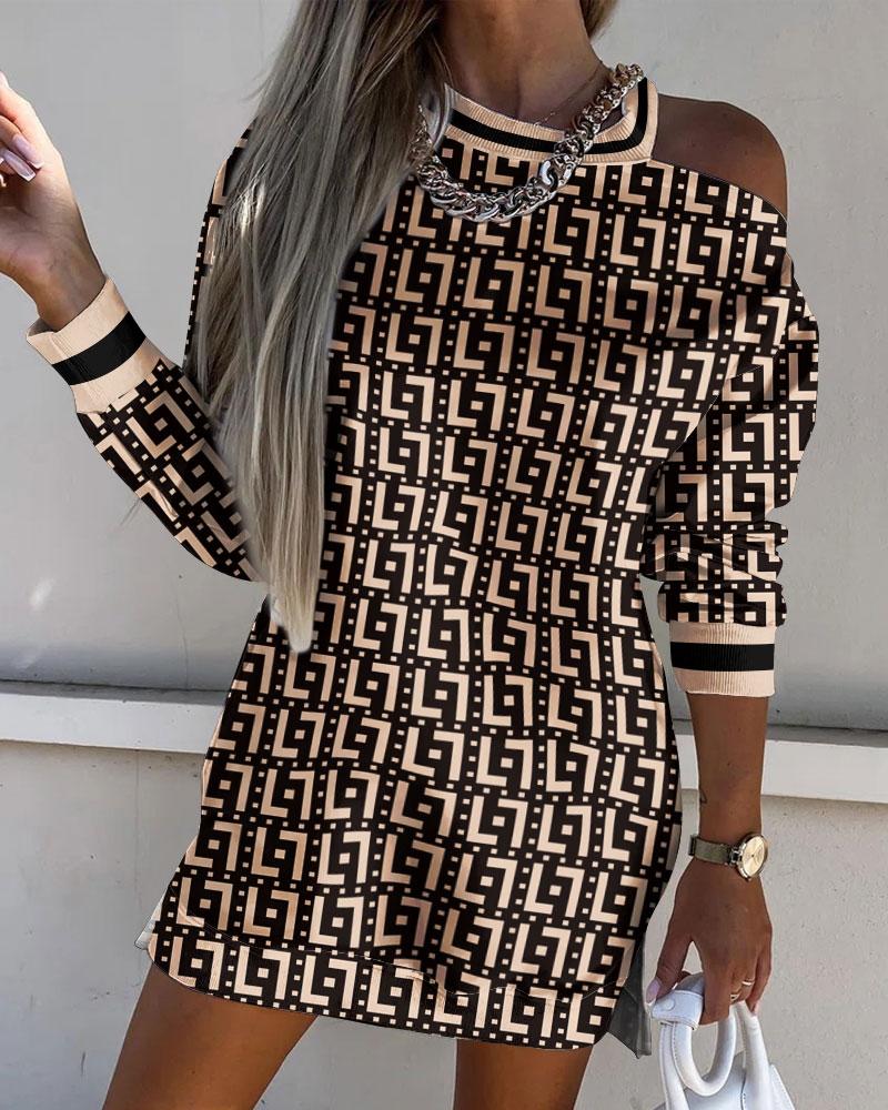 

Geometric Print Cold Shoulder Long Sleeve Dress, Khaki