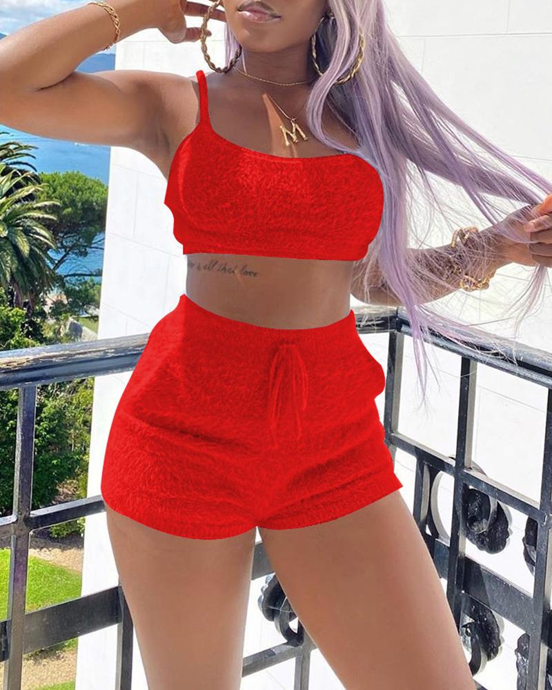 

Spaghetti Strap Fluffy Crop Top & Drawstring Shorts Set, Red