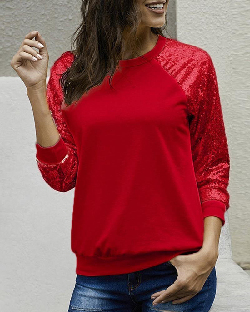 

Contrast Sequin Long Sleeve Top, Red