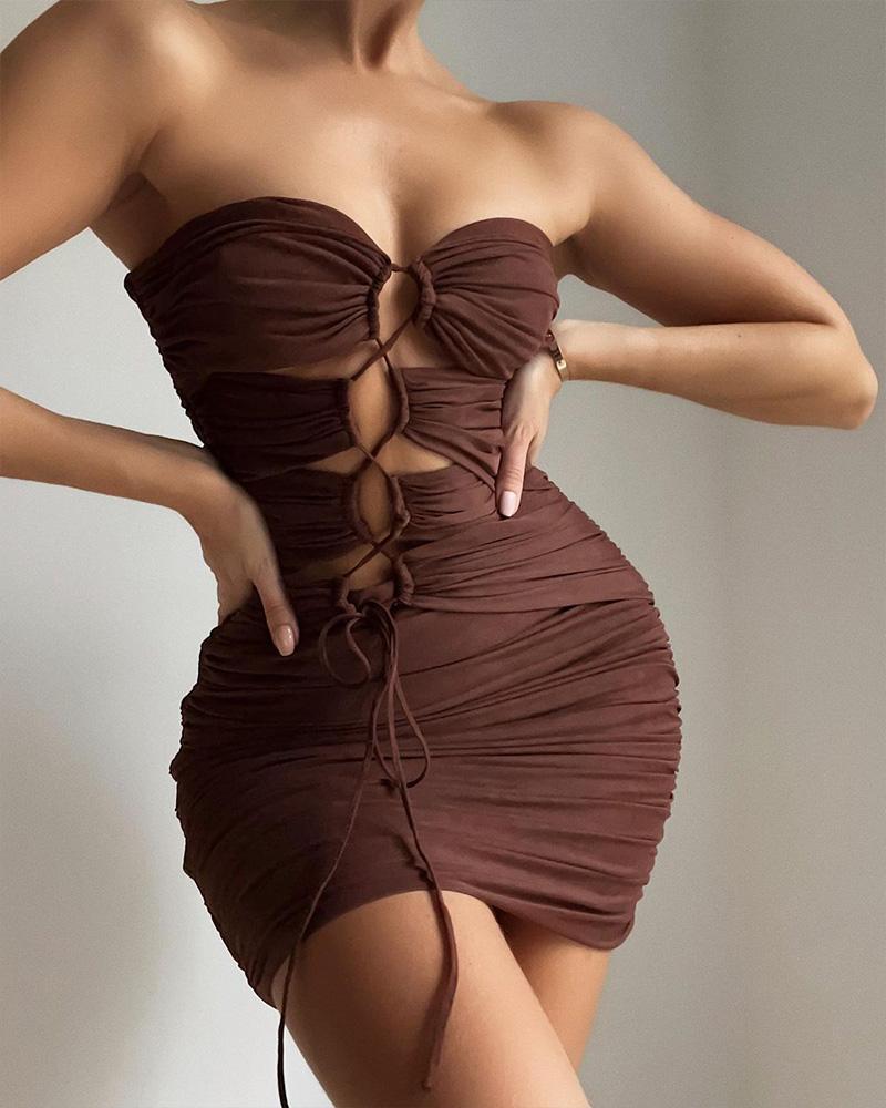 Lace-up Ruched Chocolate Bodycon Tube Dress