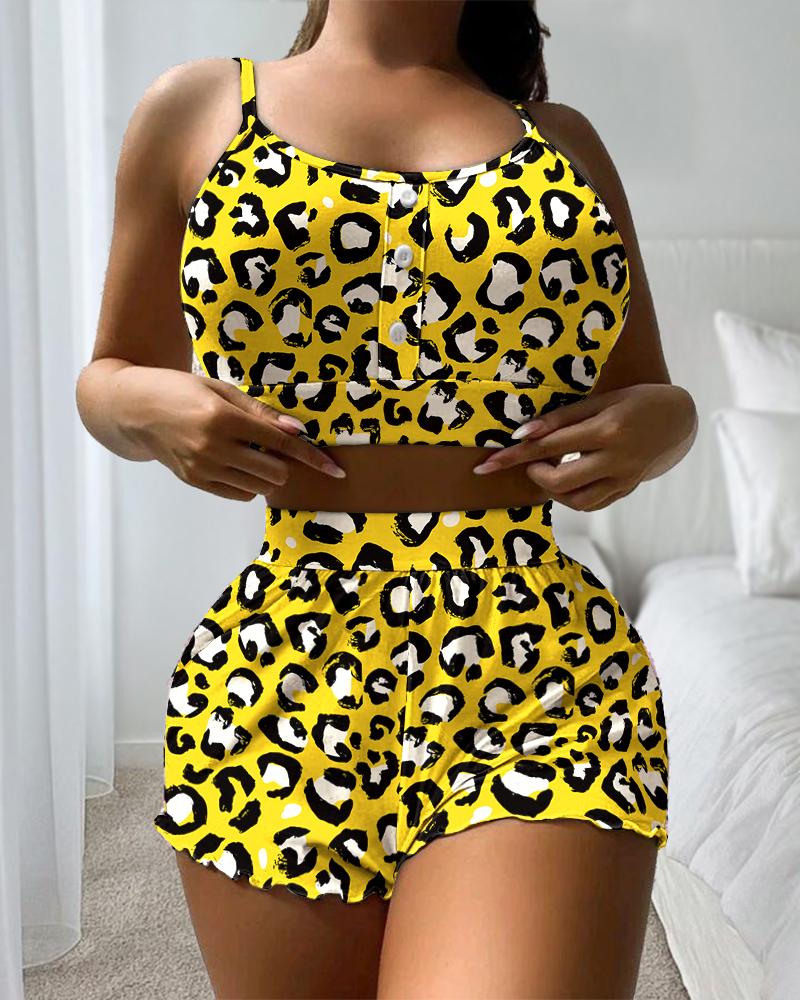 

Plus Size Leopard Print Button Front Cami Set, Yellow