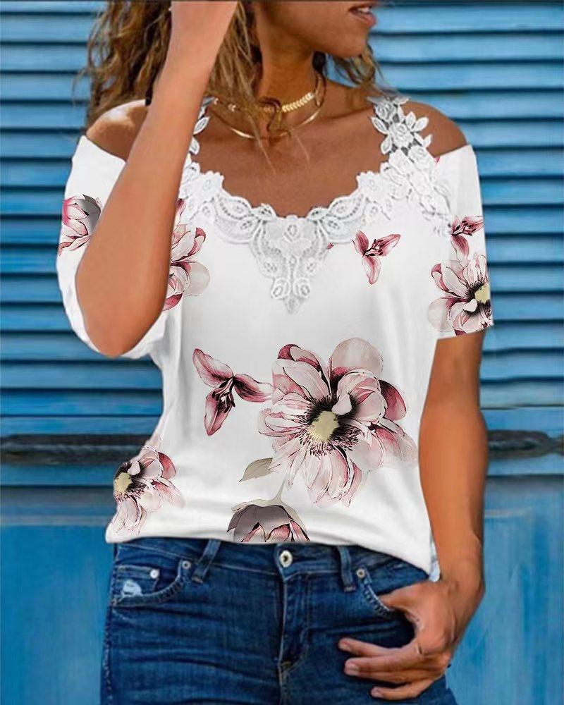 

Floral Print Contrast Lace Cold Shoulder Top, White