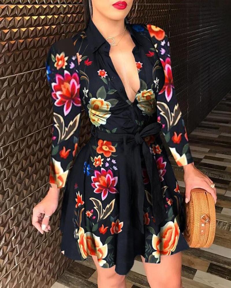 

Mixed Print Buttoned Long Sleeve Ruffles Dress Mini Vintage Shirt Dress, Black