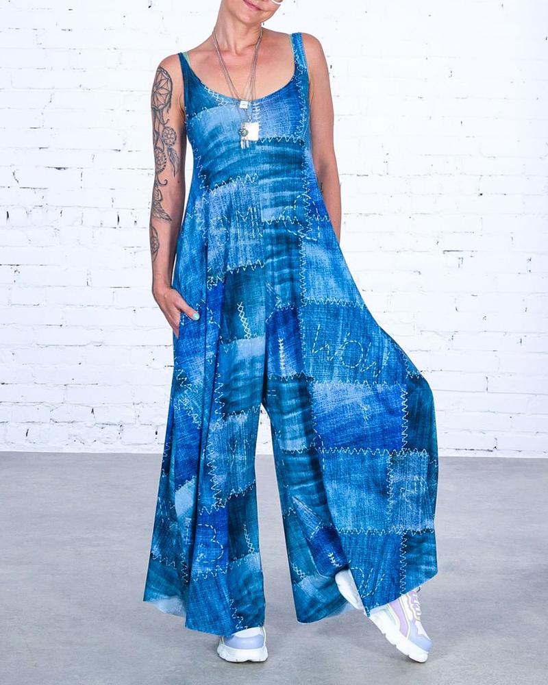 

Denim Print Flowy Wide Leg Jumpsuit, Blue