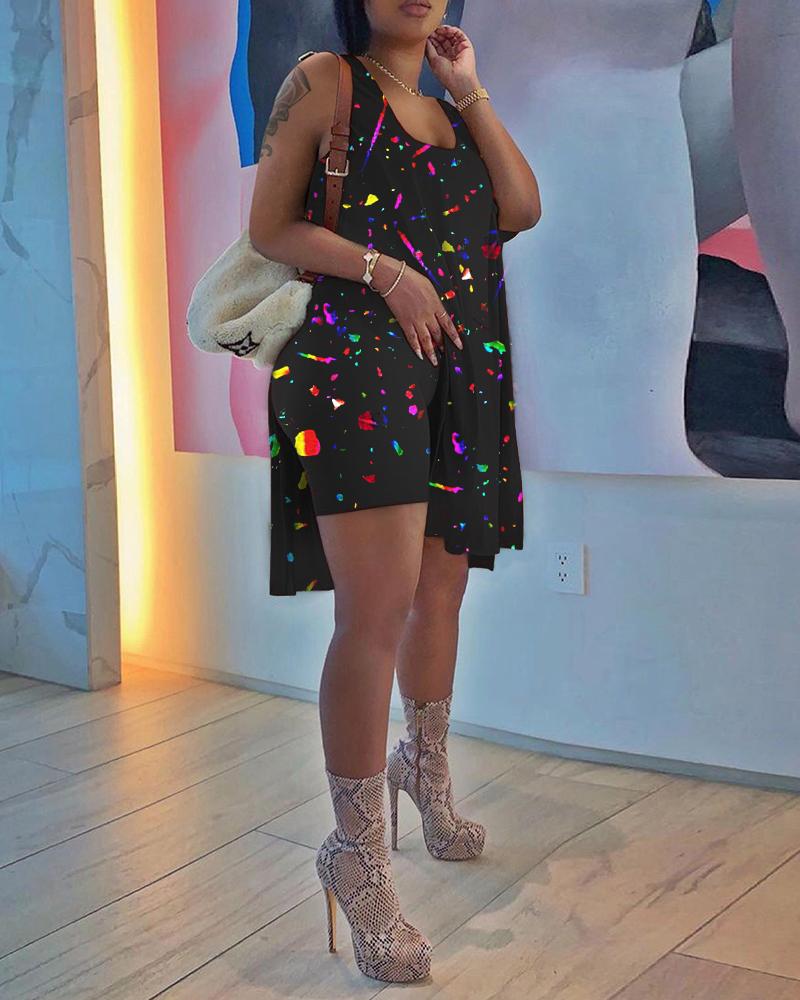 

Ink Splashed Printed Black Dress & Plain Black Shorts Two-piece Set