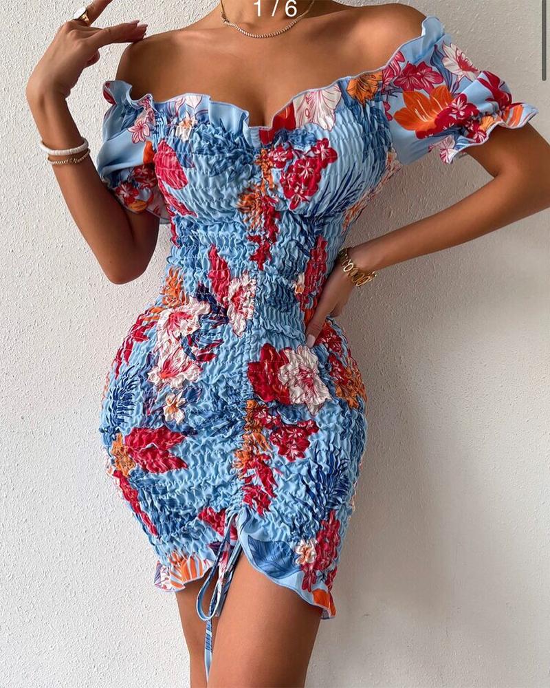 

Drawstring Ruched Shirred Frill Hem Floral Print Dress, Blue