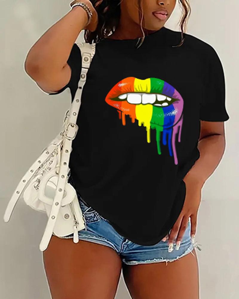 

Plus Size Pride Month Lip Print Short Sleeve T-Shirt, Black