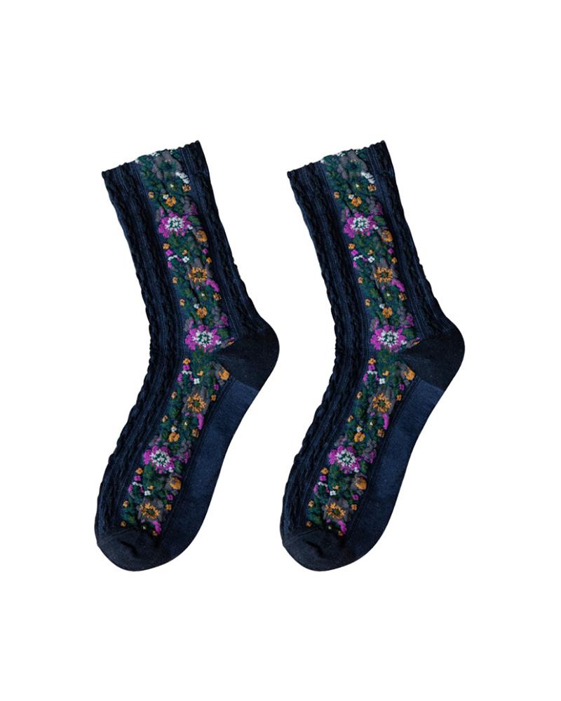 

1Pair Floral Print Crew Socks, Dark blue