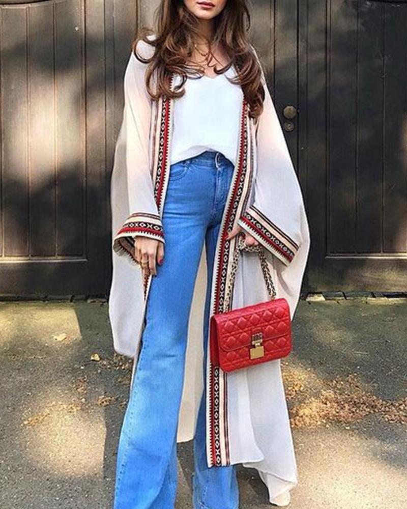 

Graphic Print Trim Colorblock Long Sleeve Cover Up, White