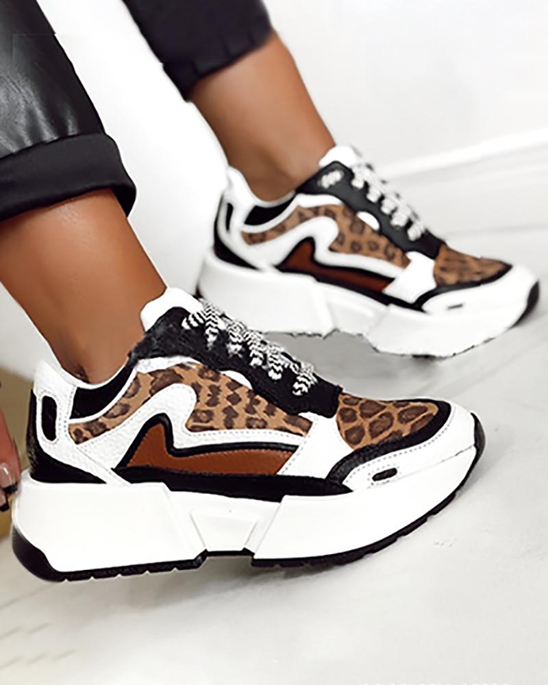 

Colorblock Breathable Lace-up Sneakers, Leopard