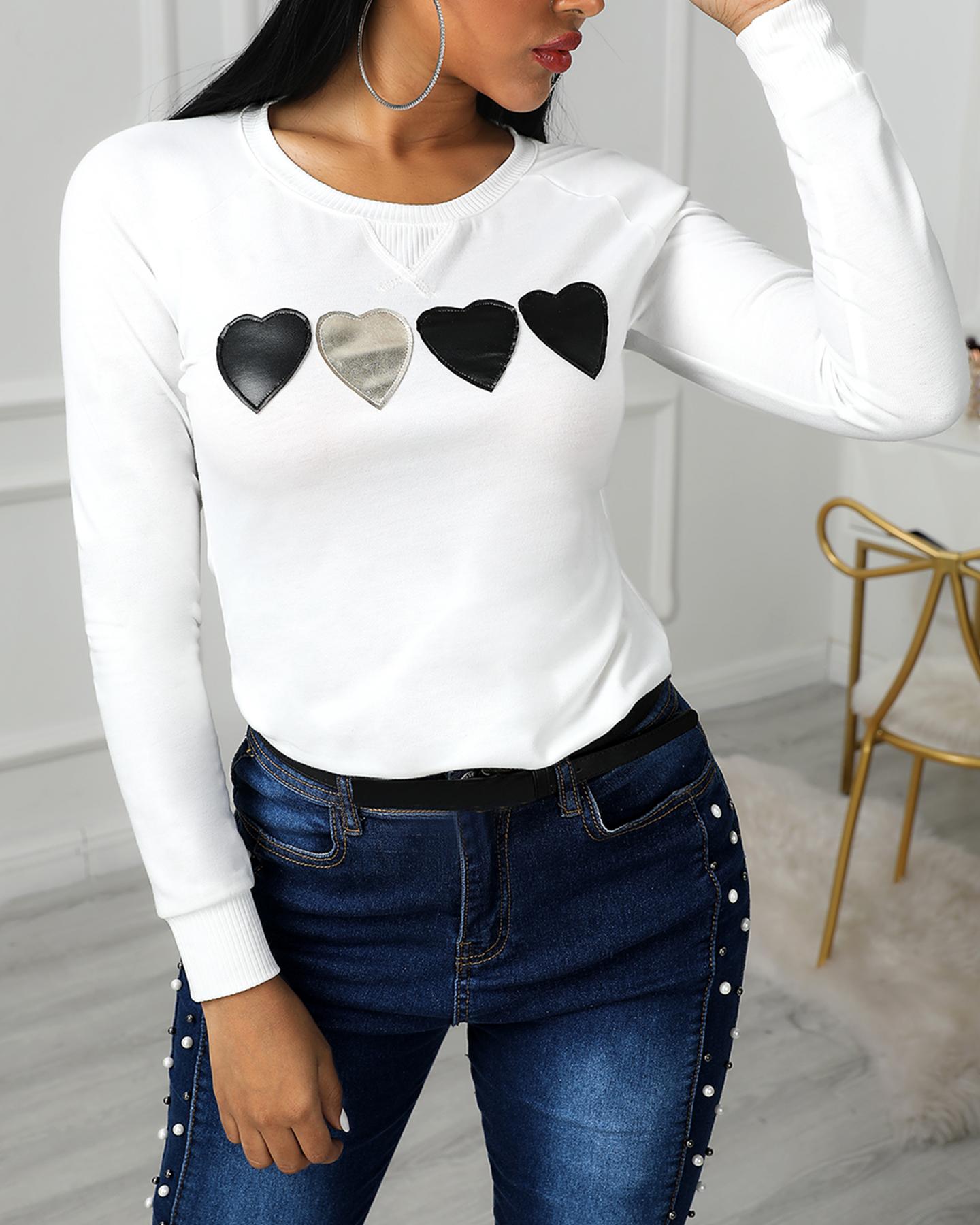 

Heart Stickers Long Sleeve Casual Sweatshirt, White