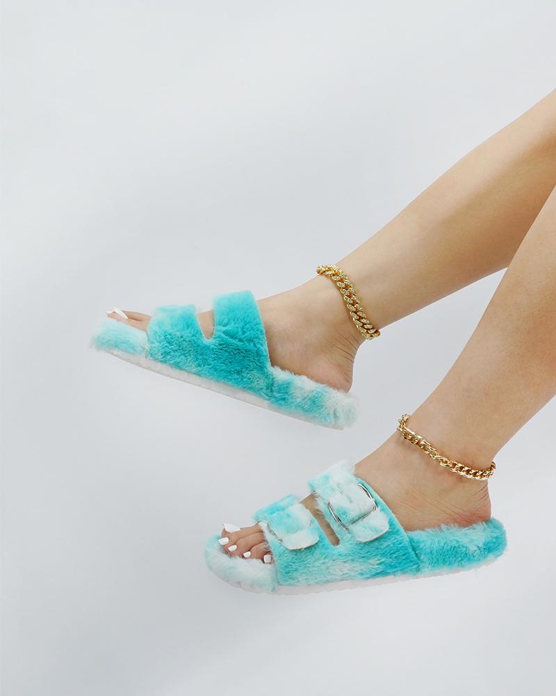 

Round-toe Tie Dye Fluffy Open-toe Slippers, Green