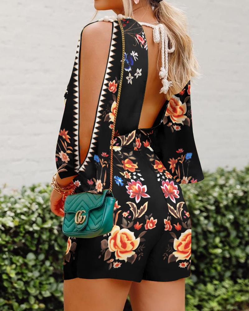 

Floral Print Cutout Sleeve Backless Romper, Black