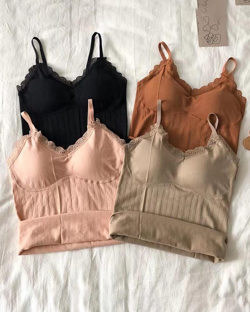 

Lace Trim Lined Thermal Underwear Tank Top, Brown