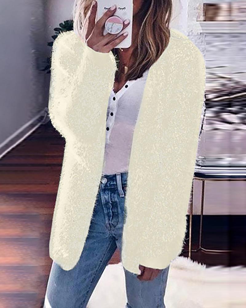 

Solid Fluffy Long Sleeve Casual Cardigan, Beige