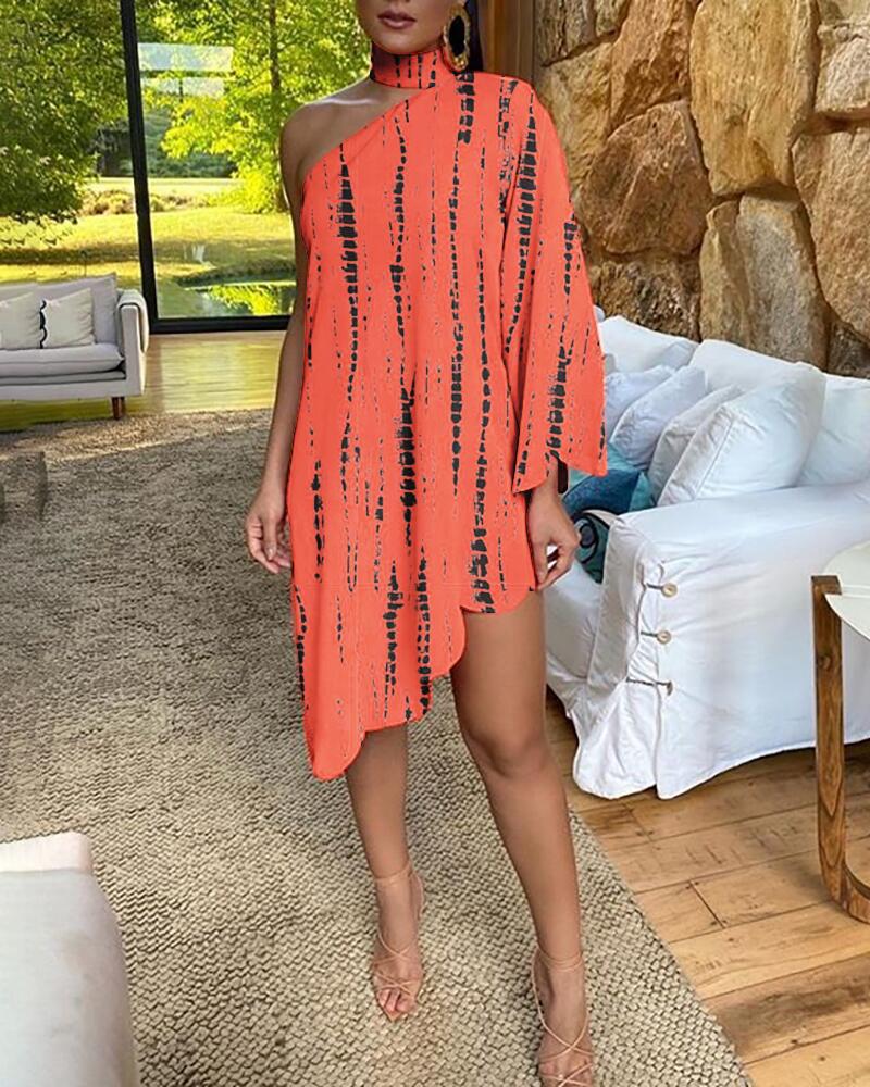 

Tie Dye Print One Shoulder Asymmetrical Casual Dress, Orange