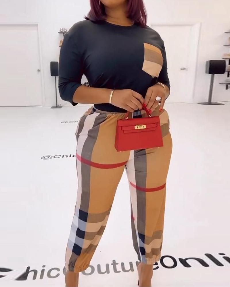 

Plaid Print Pocket Design Half Sleeve Top & Cuffed Pants Set, Black