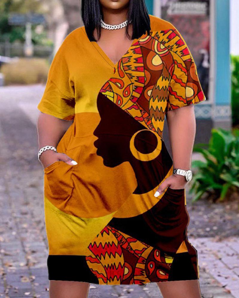

Plus Size Figure Print Pocket Detail Casual Dress, Yellow