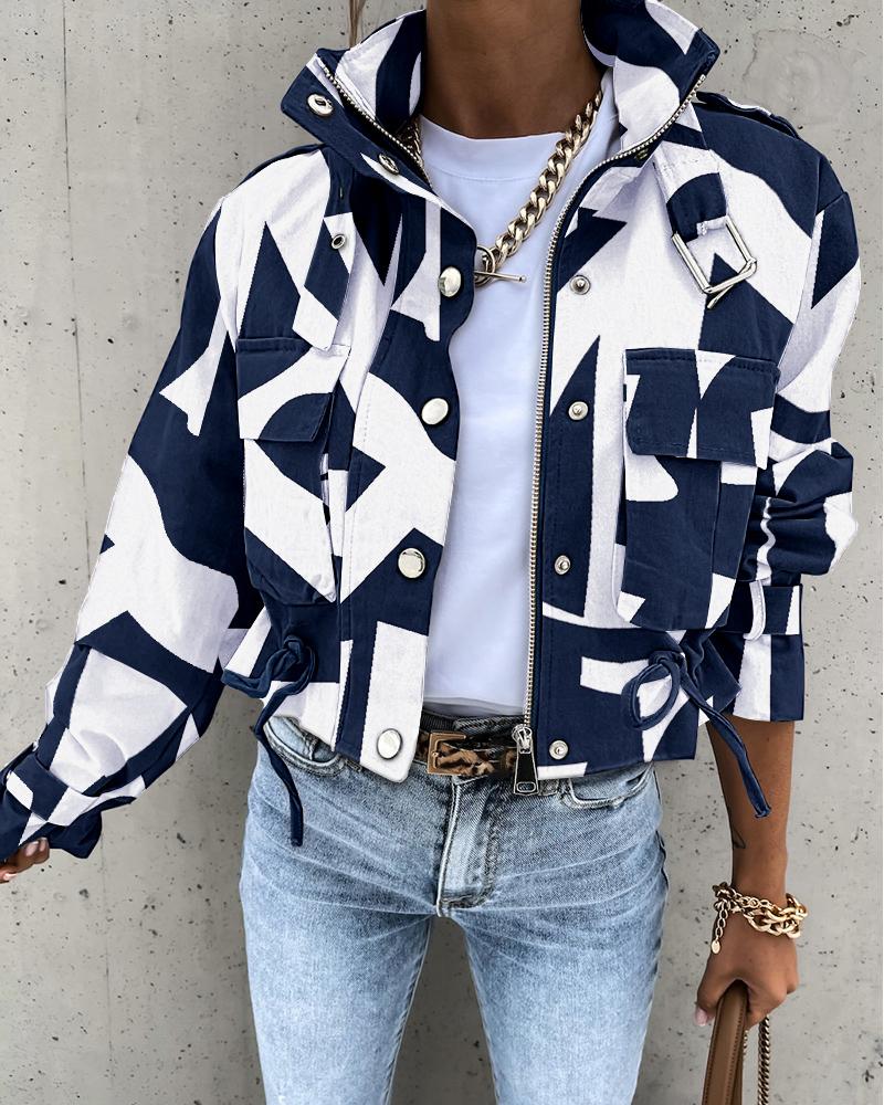 

Geometric Print Long Sleeve Zip Up Biker Jacket, Blue