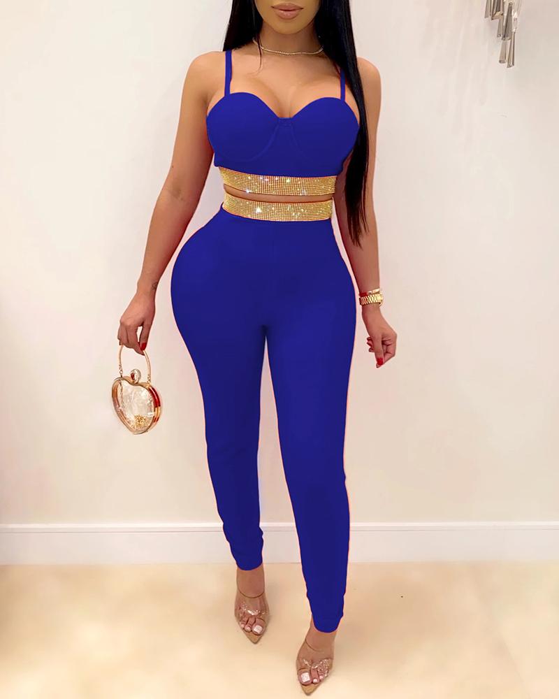 

Studded Crop Top & High Waist Skinny Pants Set, Blue