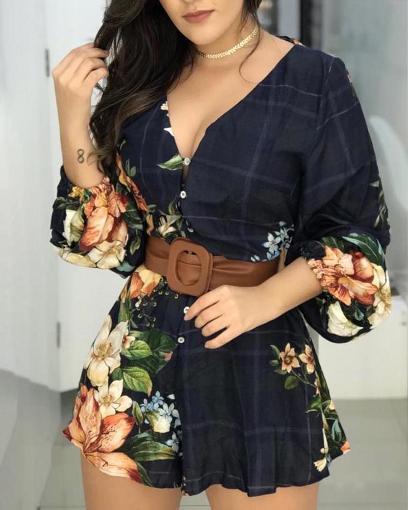 

Floral Print Lantern Sleeve Backless Romper, Purplish blue