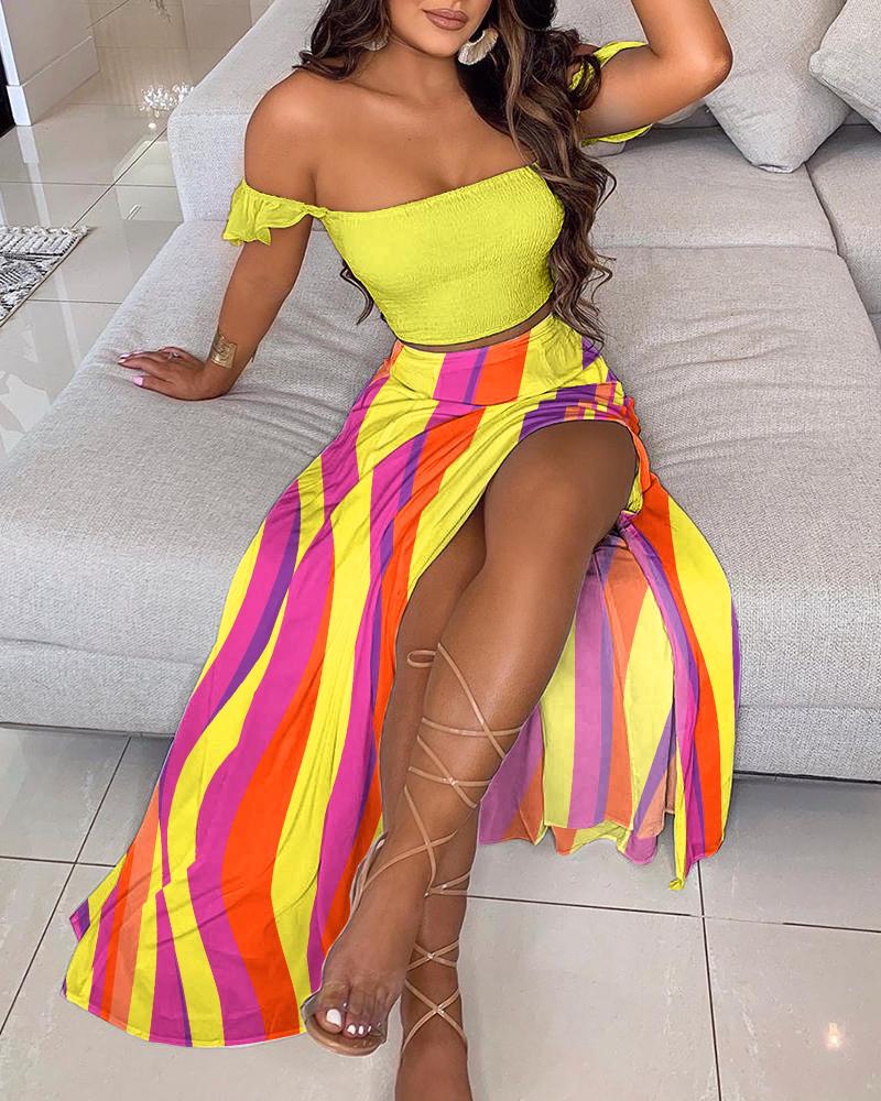 

Shirred Crop Top & Colorblock High Slit Skirt Set, Multicolor