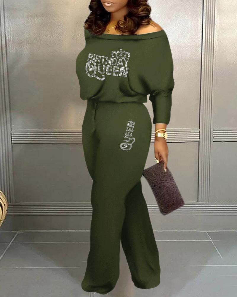 

Plus Size Rhinestone Birthday Queen Crown Pattern Top & Flared Pants Set, Army green